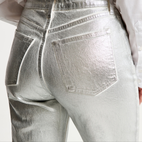 Zara Metallic Silver Foil Jean Ultra High Waist Straight Wide A Blogger Fav! - Picture 5 of 16